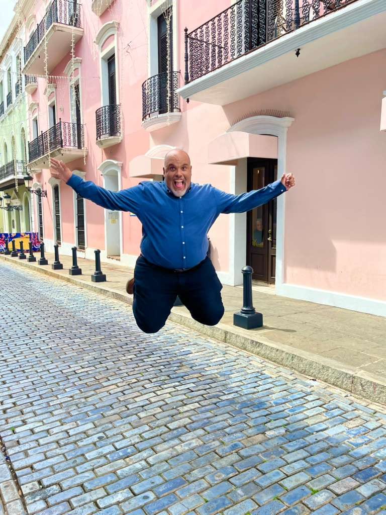 Jumping on the cobblestones of Old San Juan